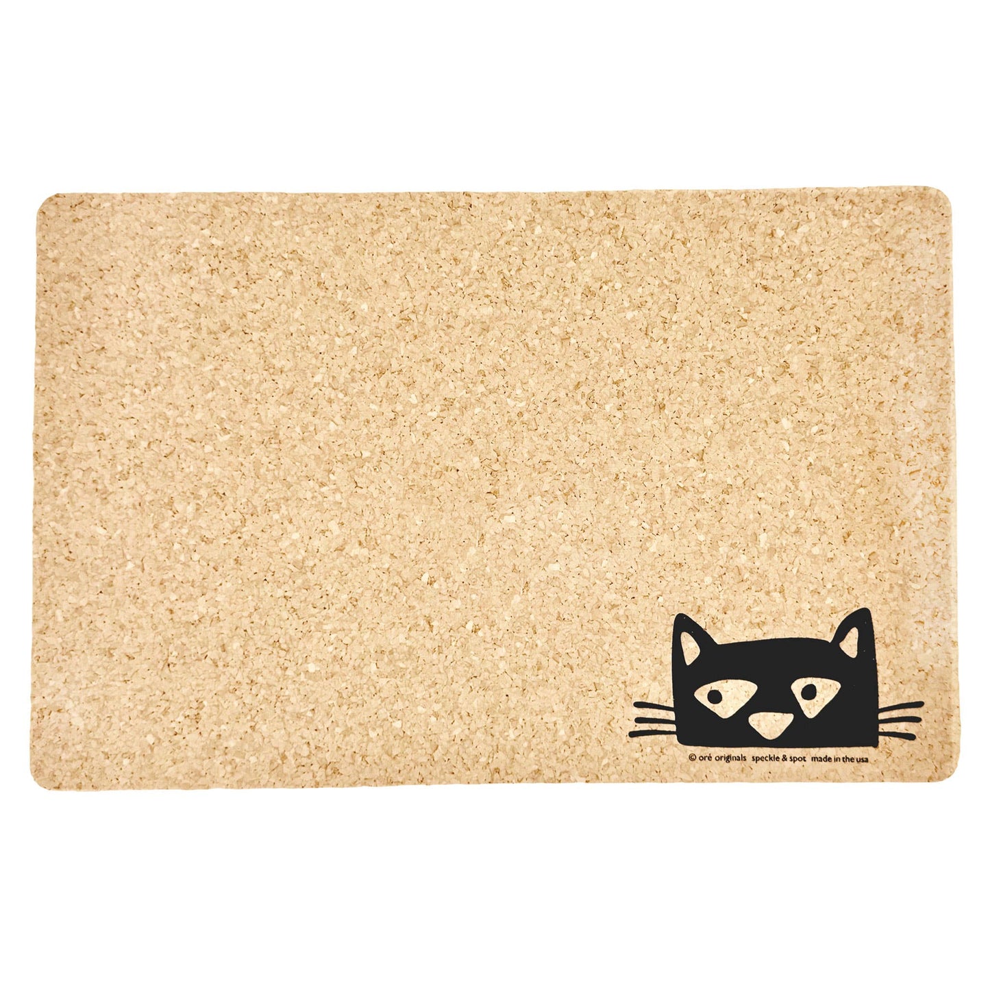Beige doormat with a black cat face design on a white background