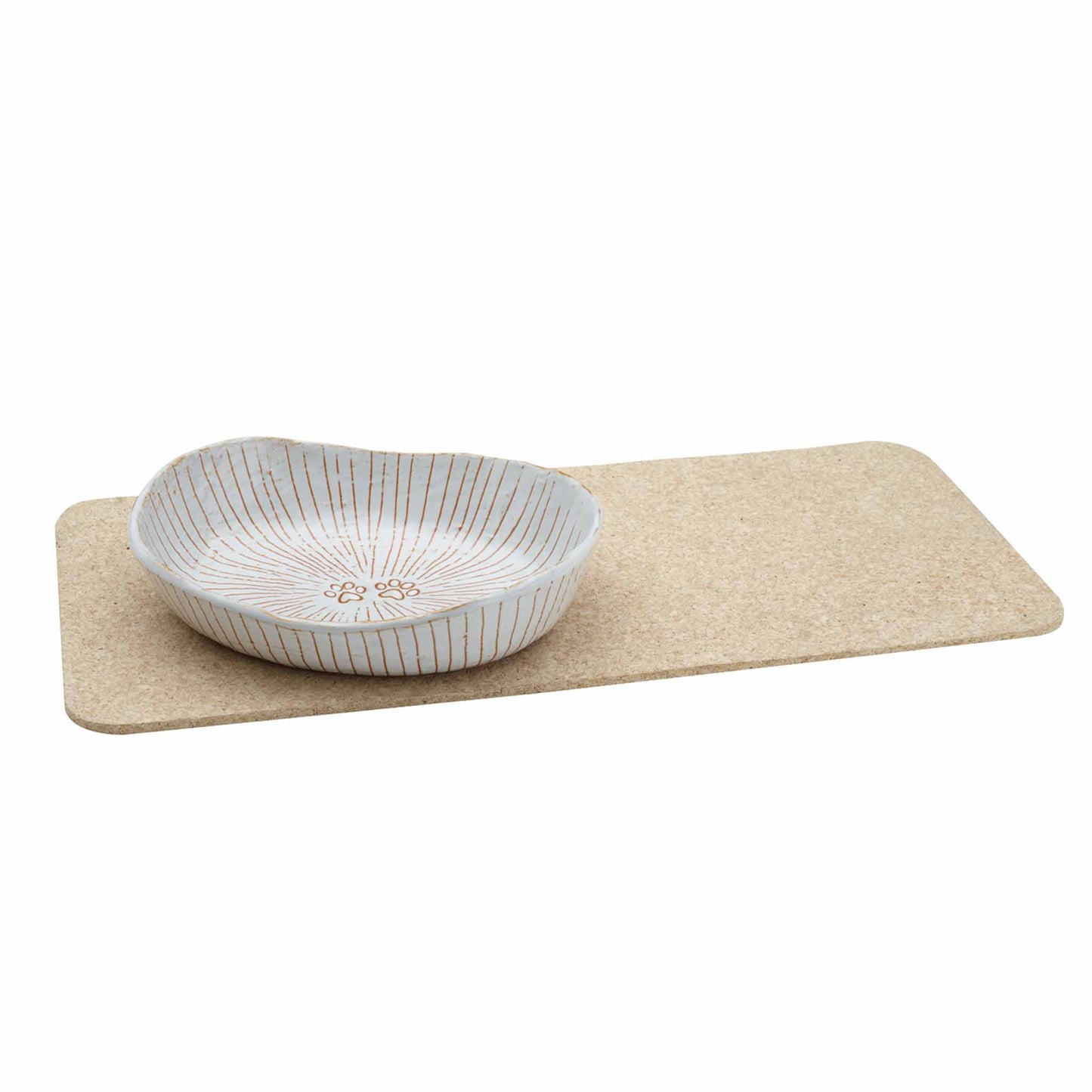 White ceramic bowl with decorative pattern on a beige placemat