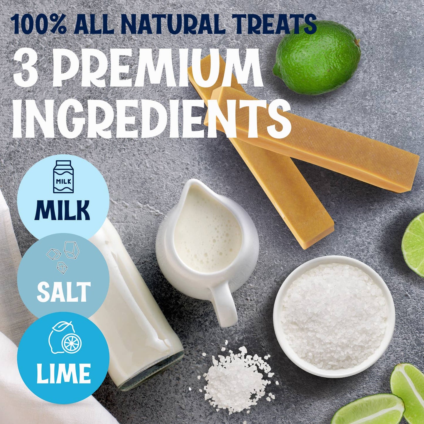 Pictures of ingredients for yak cheese chews: Milk, Lime and Salt