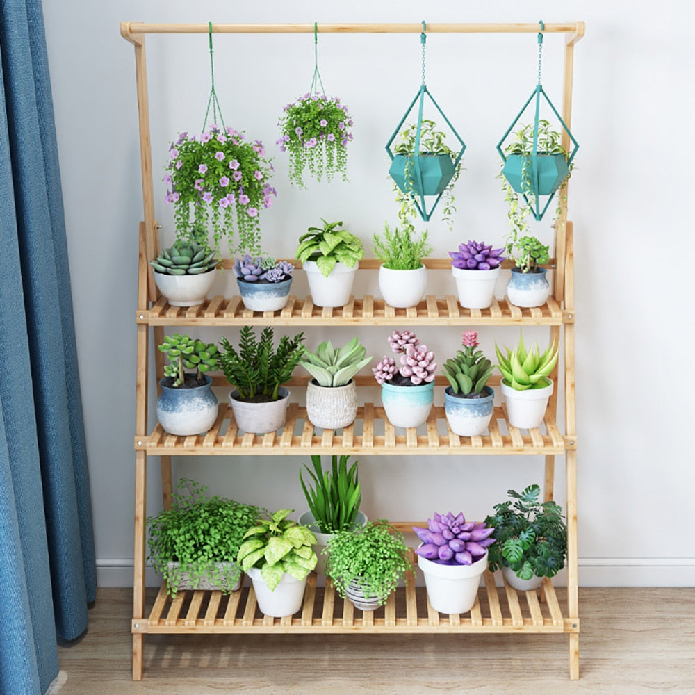bamboo stand with plants in living room