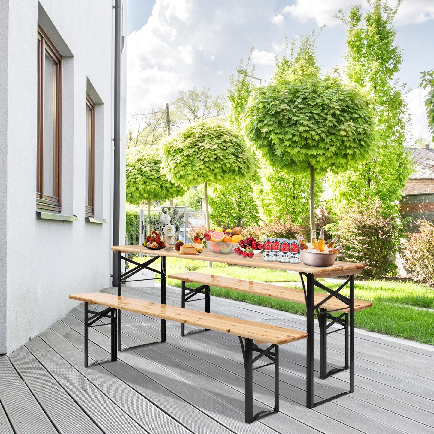 folding table in courtyard setting