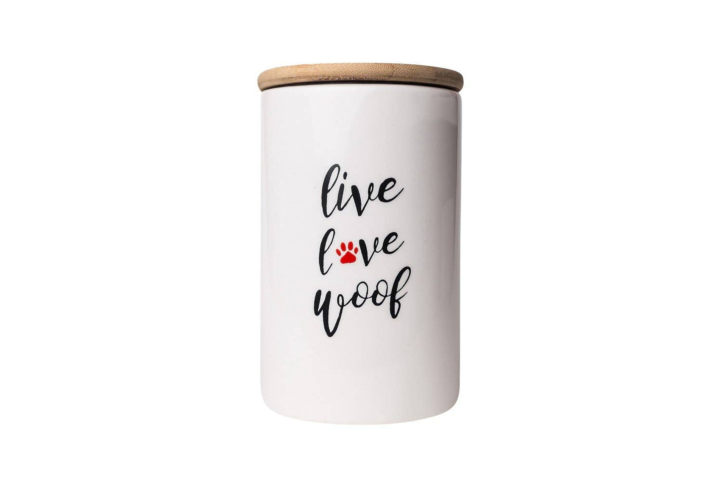A white ceramic airtight treat jar with a bamboo lid, labeled 'live love woof'.