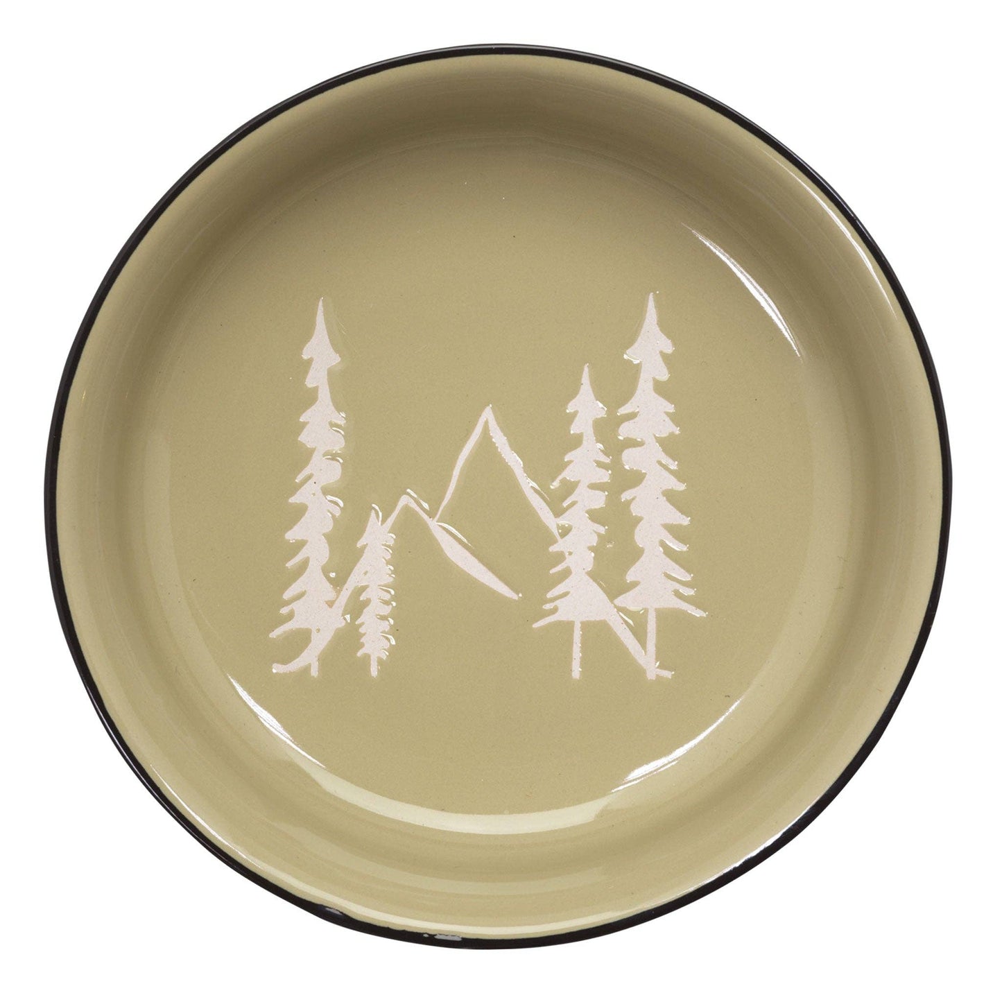 Green plate with white mountain and tree design on a white background