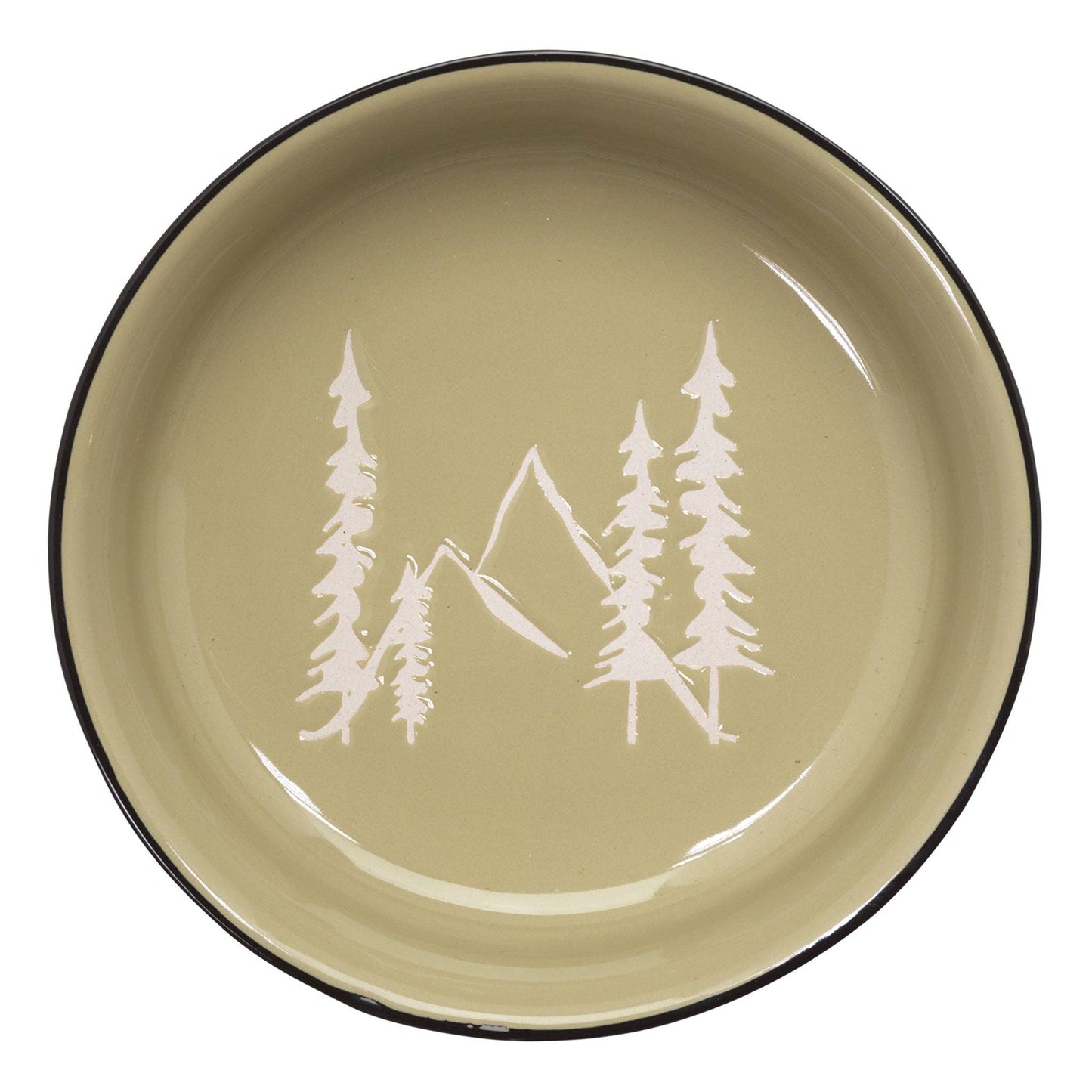 Round plate with mountain and tree design on a green background
