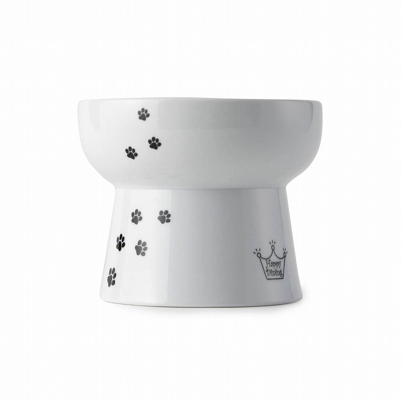 White pet bowl with black paw prints on a white background
