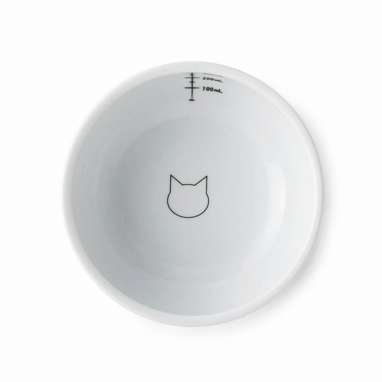 White ceramic bowl with measurement markings and a cat icon on a white background