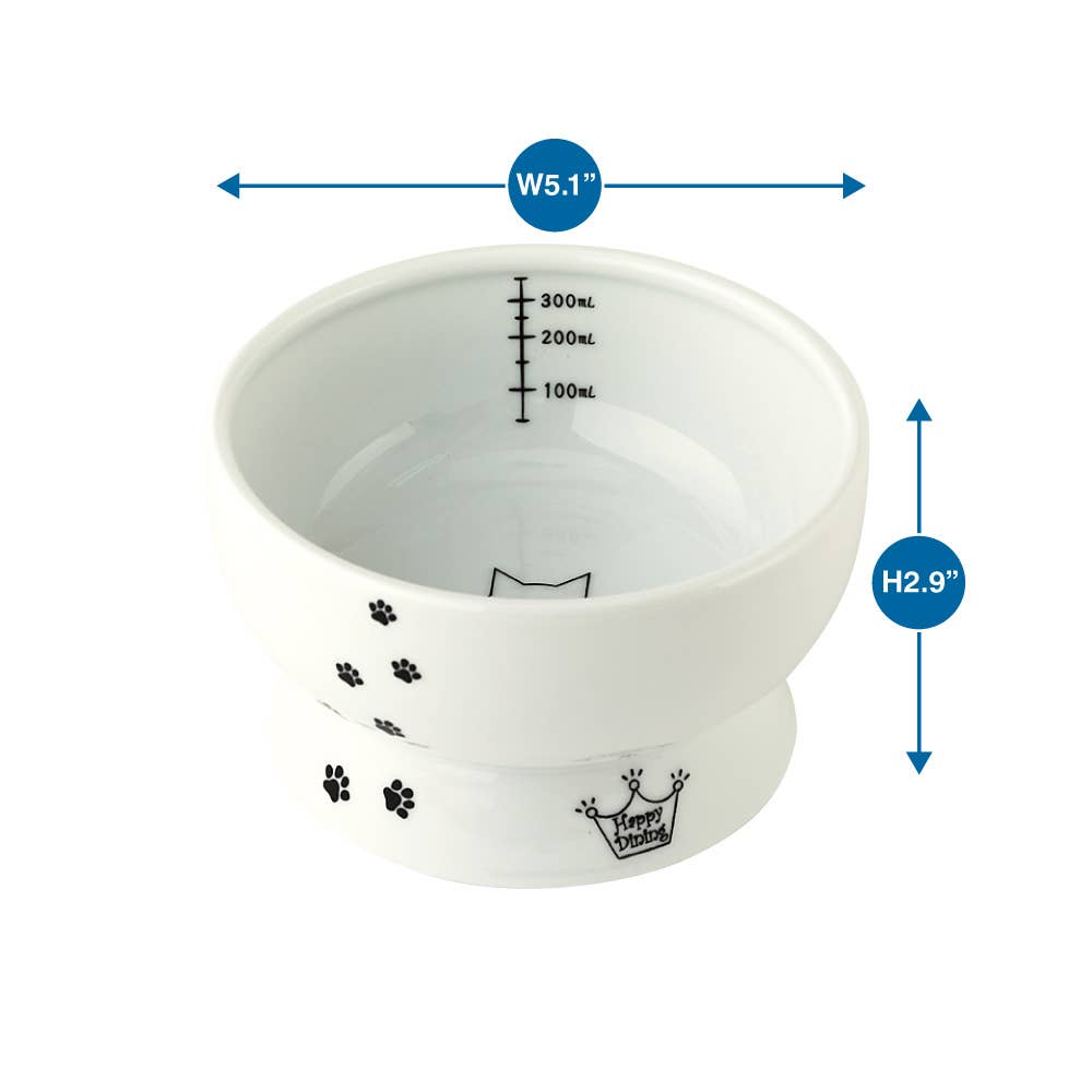 White water bowl with black paw prints and measurements, shown with dimensions on a white background.