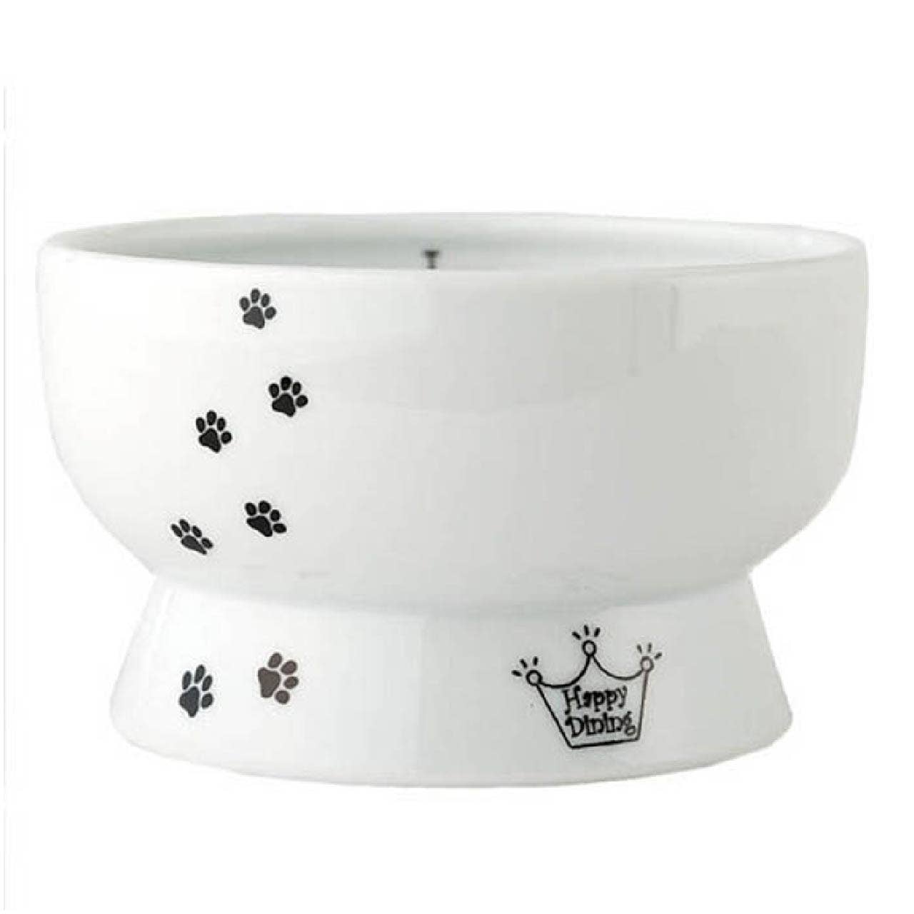 White ceramic pet bowl with black paw prints and 'Happy Dining' text on a white background