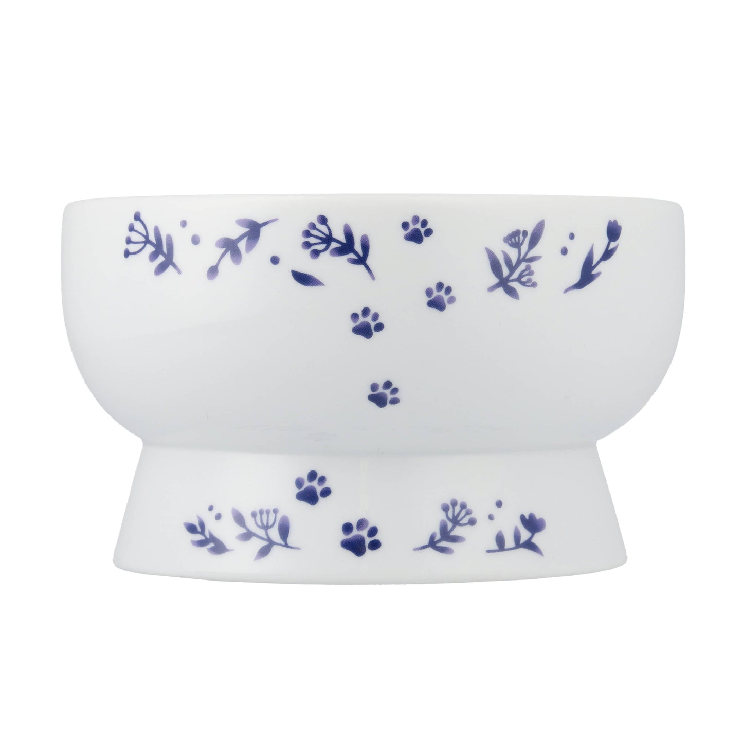 White ceramic bowl with blue floral and paw print patterns on a white background