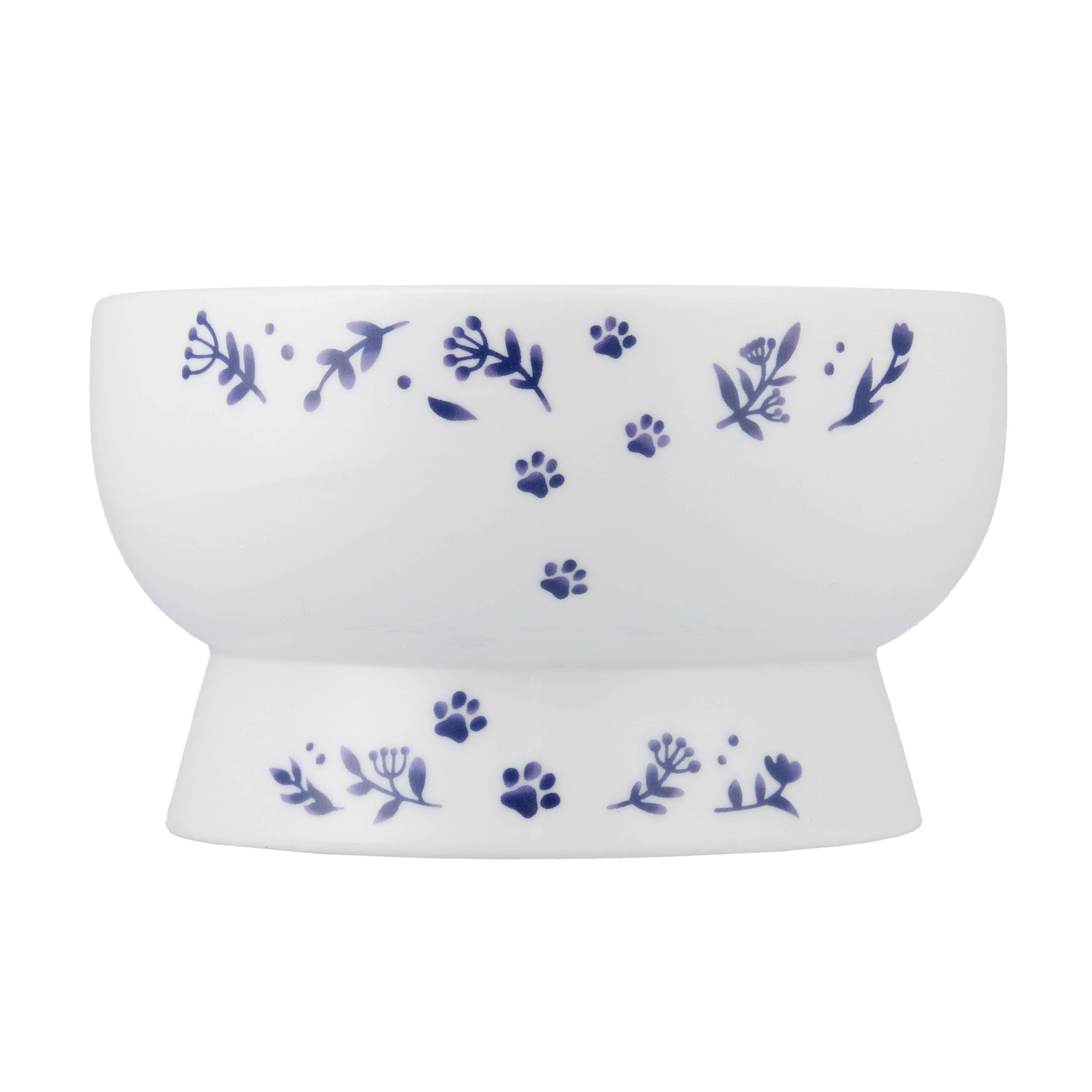 White ceramic bowl with blue floral and paw print patterns on a white background