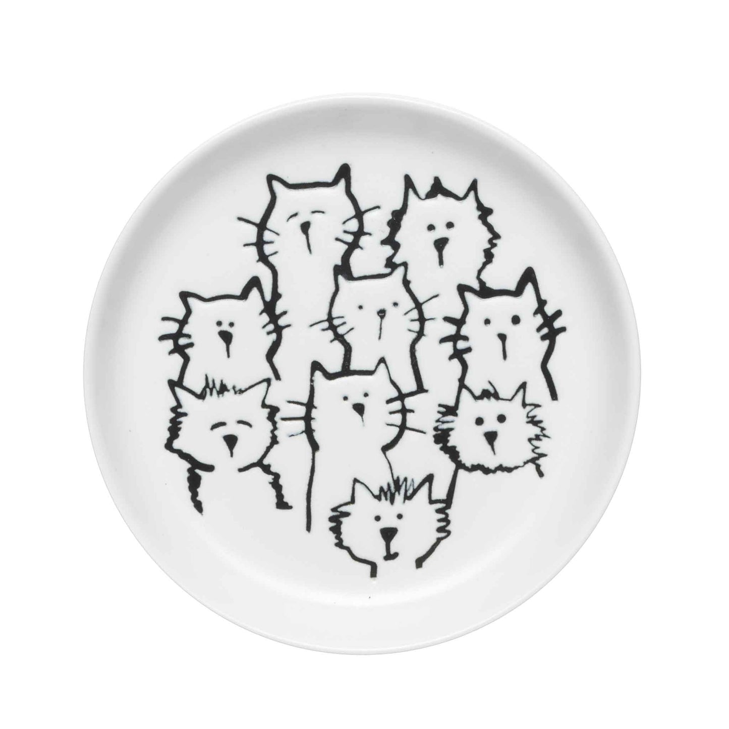 White plate with black line drawings of cats on a white background